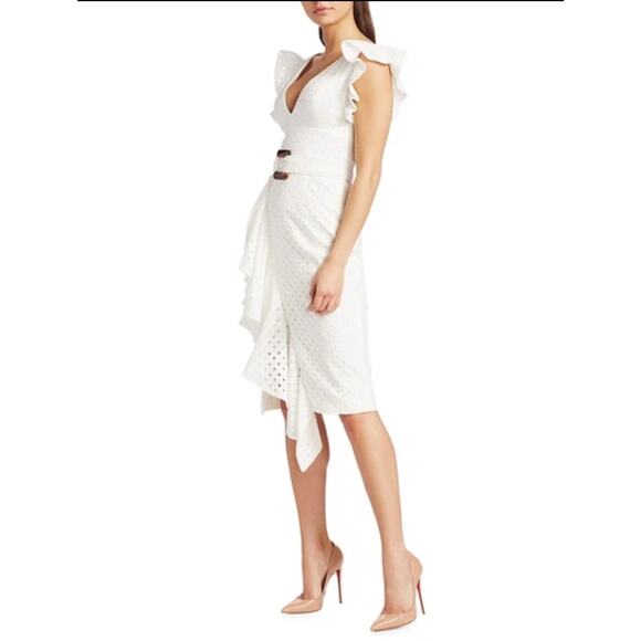 PATBO romantic ruffle sleeve Belted Eyelet Midi Dress In White sz 4 - Picture 3 of 14